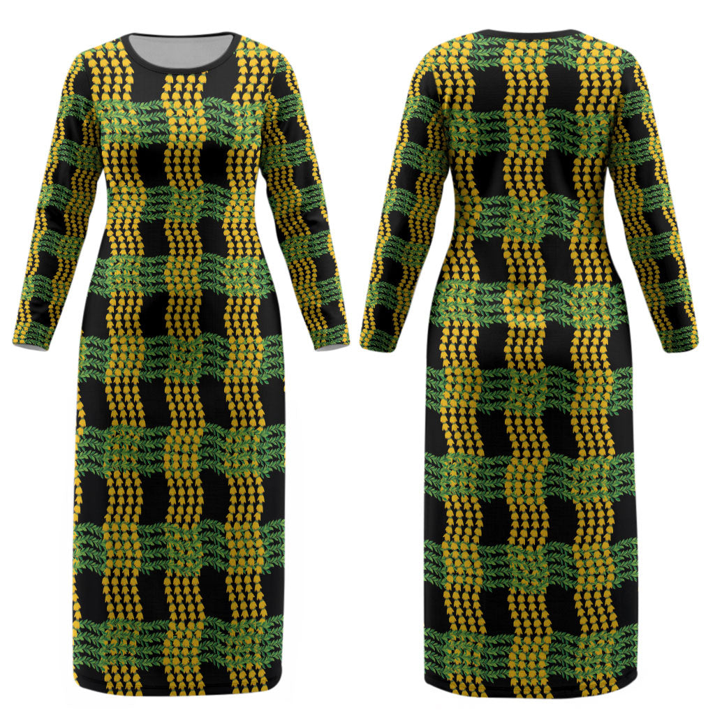 Aloha Hawaii Ilima Maile Lei Couples Matching Long Sleeve Bodycon Dress and Long Sleeve Button Shirt Palaka Inspired Hawaiian-plaid Black LT14 - Polynesian Pride