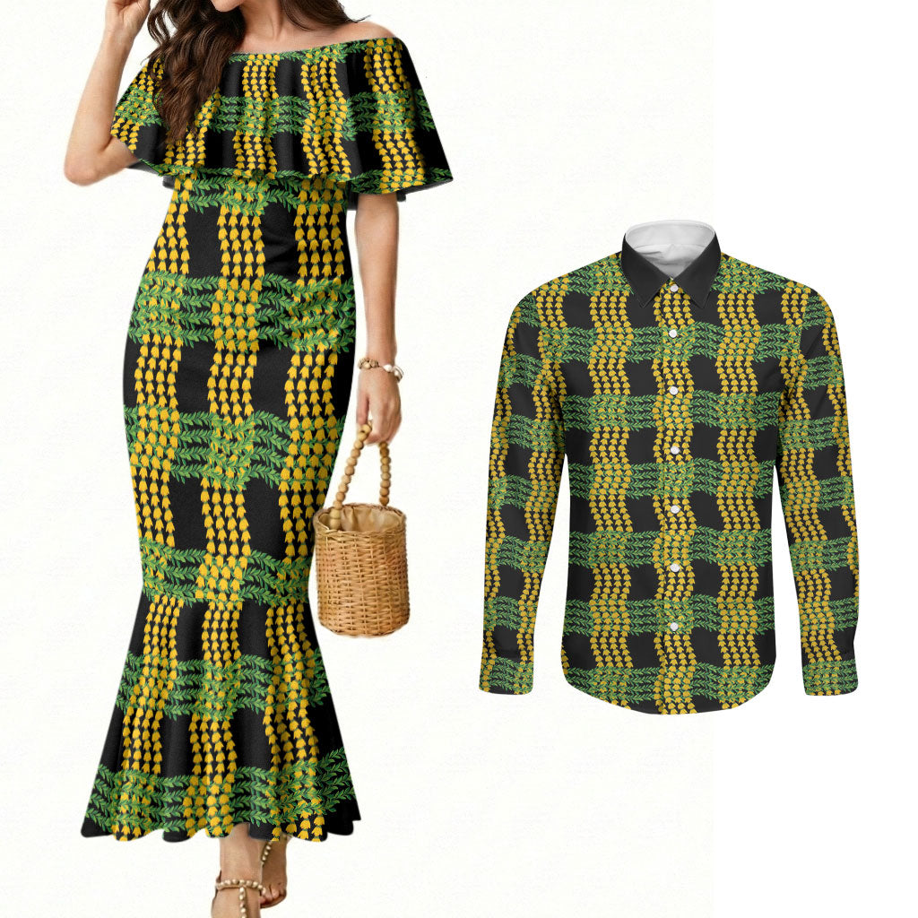 Aloha Hawaii Ilima Maile Lei Couples Matching Mermaid Dress and Long Sleeve Button Shirt Palaka Inspired Hawaiian-plaid Black LT14 Black - Polynesian Pride