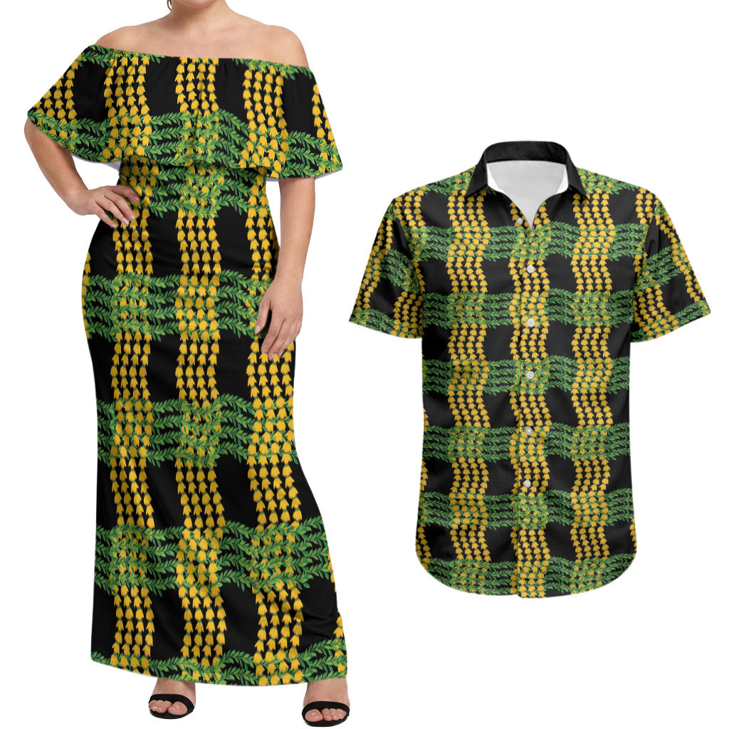 Aloha Hawaii Ilima Maile Lei Couples Matching Off Shoulder Maxi Dress and Hawaiian Shirt Palaka Inspired Hawaiian-plaid Black LT14 Black - Polynesian Pride