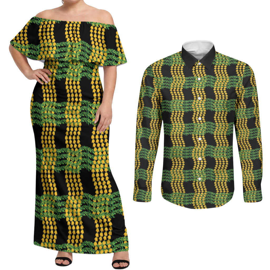 Aloha Hawaii Ilima Maile Lei Couples Matching Off Shoulder Maxi Dress and Long Sleeve Button Shirt Palaka Inspired Hawaiian-plaid Black LT14 Black - Polynesian Pride