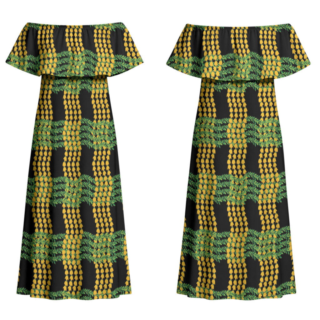 Aloha Hawaii Ilima Maile Lei Couples Matching Off Shoulder Maxi Dress and Long Sleeve Button Shirt Palaka Inspired Hawaiian-plaid Black LT14 - Polynesian Pride