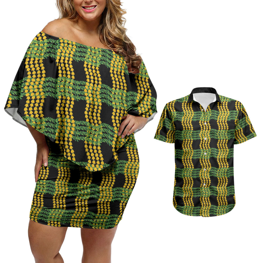 Aloha Hawaii Ilima Maile Lei Couples Matching Off Shoulder Short Dress and Hawaiian Shirt Palaka Inspired Hawaiian-plaid Black LT14 Black - Polynesian Pride