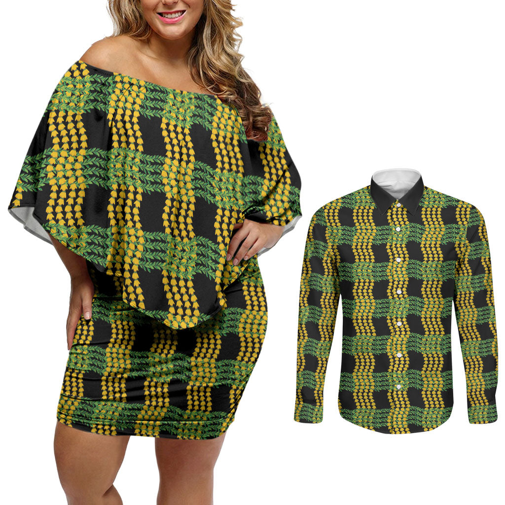 Aloha Hawaii Ilima Maile Lei Couples Matching Off Shoulder Short Dress and Long Sleeve Button Shirt Palaka Inspired Hawaiian-plaid Black LT14 Black - Polynesian Pride