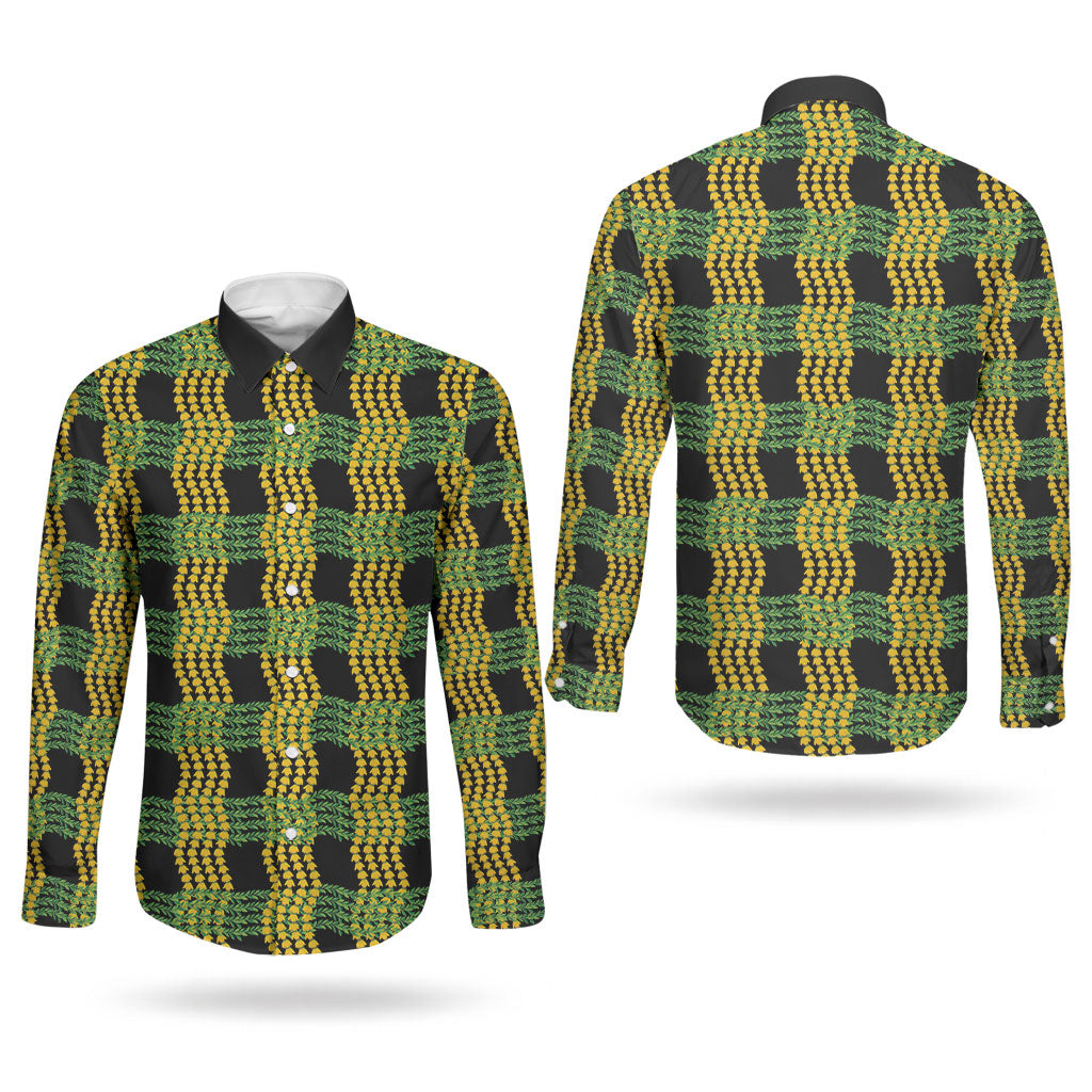 Aloha Hawaii Ilima Maile Lei Couples Matching Off Shoulder Short Dress and Long Sleeve Button Shirt Palaka Inspired Hawaiian-plaid Black LT14 - Polynesian Pride