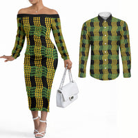 Aloha Hawaii Ilima Maile Lei Couples Matching Off The Shoulder Long Sleeve Dress and Long Sleeve Button Shirt Palaka Inspired Hawaiian-plaid Black LT14 Black - Polynesian Pride