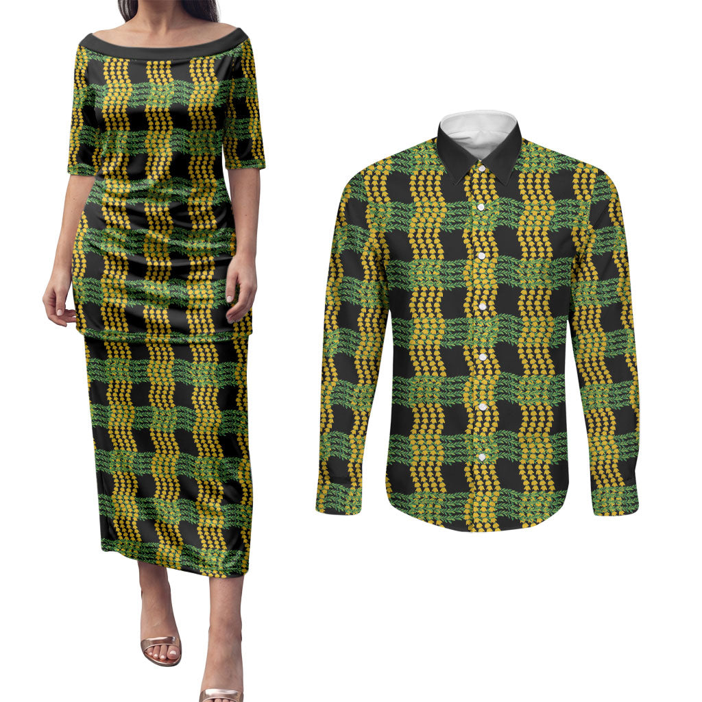 Aloha Hawaii Ilima Maile Lei Couples Matching Puletasi and Long Sleeve Button Shirt Palaka Inspired Hawaiian-plaid Black LT14 Black - Polynesian Pride