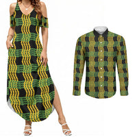 Aloha Hawaii Ilima Maile Lei Couples Matching Summer Maxi Dress and Long Sleeve Button Shirt Palaka Inspired Hawaiian-plaid Black LT14 Black - Polynesian Pride