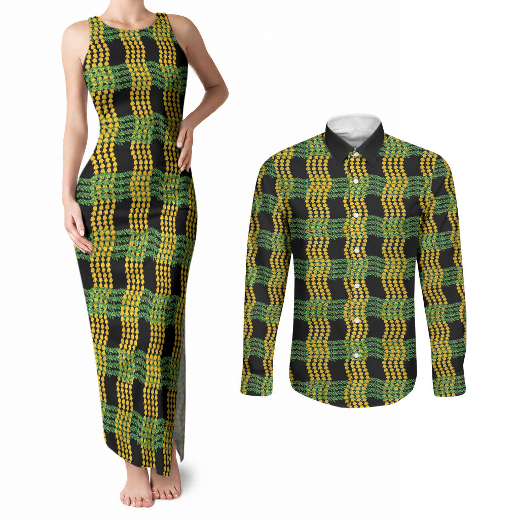 Aloha Hawaii Ilima Maile Lei Couples Matching Tank Maxi Dress and Long Sleeve Button Shirt Palaka Inspired Hawaiian-plaid Black LT14 Black - Polynesian Pride