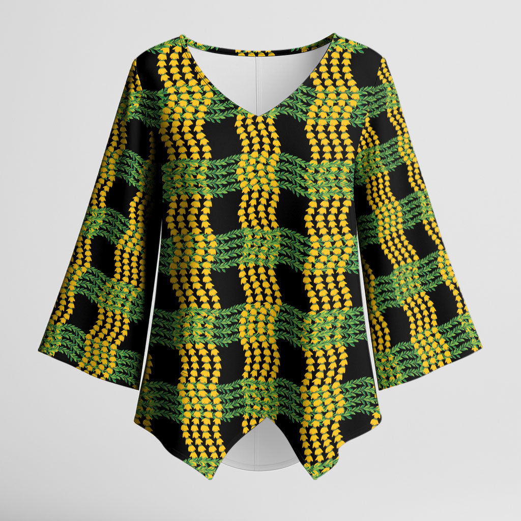 Aloha Hawaii Ilima Maile Lei Kimono Sleeve Blouse Palaka Inspired Hawaiian-plaid Black LT14 Female Black - Polynesian Pride