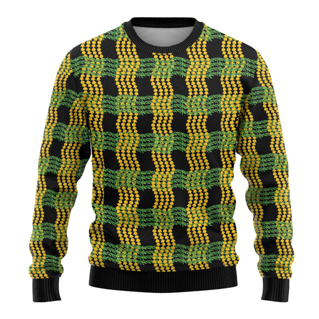Aloha Hawaii Ilima Maile Lei Ugly Christmas Sweater Palaka Inspired Hawaiian-plaid Black LT14 - Polynesian Pride
