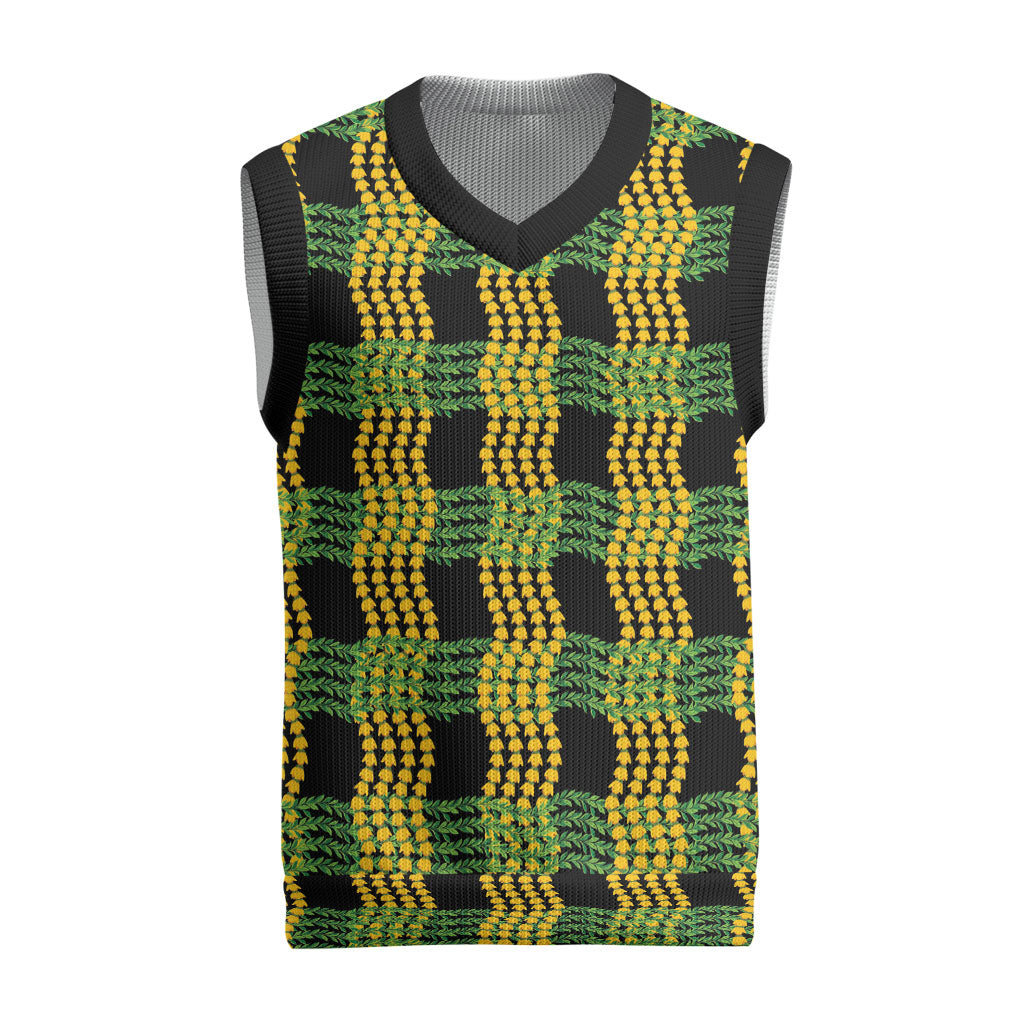 Aloha Hawaii Ilima Maile Lei Christmas Knitted V-Neck Vest Palaka Inspired Hawaiian-plaid Black LT14 Black - Polynesian Pride