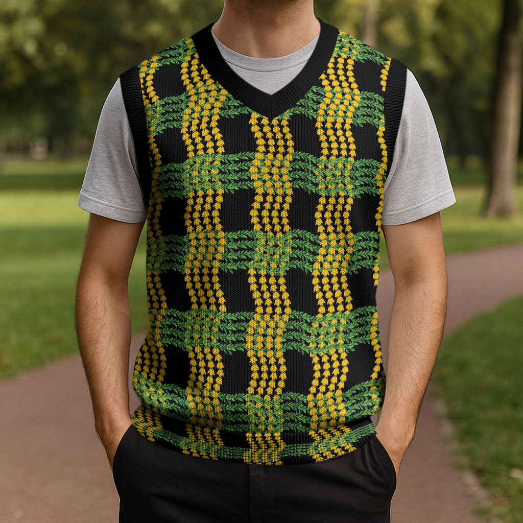 Aloha Hawaii Ilima Maile Lei Christmas Knitted V-Neck Vest Palaka Inspired Hawaiian-plaid Black LT14 - Polynesian Pride
