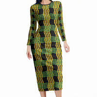 Aloha Hawaii Ilima Maile Lei Long Sleeve Bodycon Dress Palaka Inspired Hawaiian-plaid Black LT14 Long Dress Black - Polynesian Pride