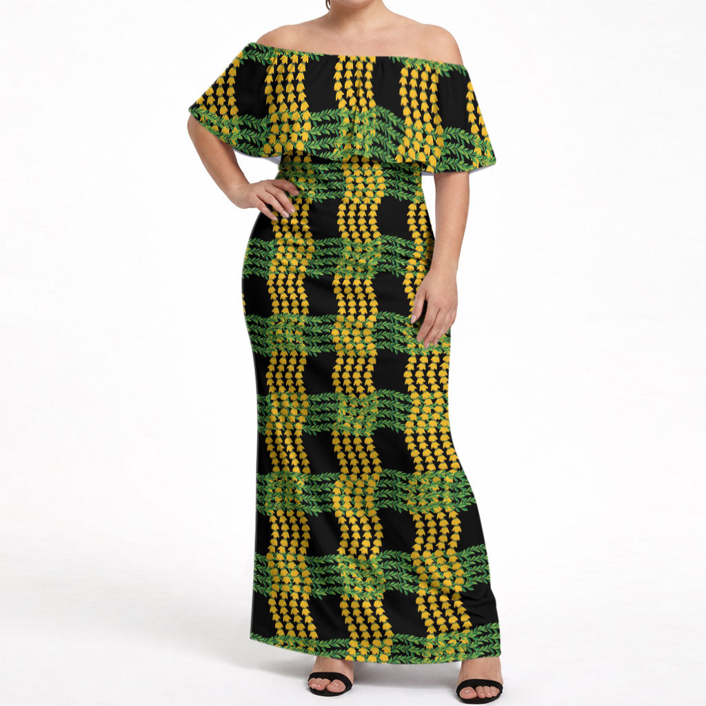 Aloha Hawaii Ilima Maile Lei Off Shoulder Maxi Dress Palaka Inspired Hawaiian-plaid Black LT14 Women Black - Polynesian Pride