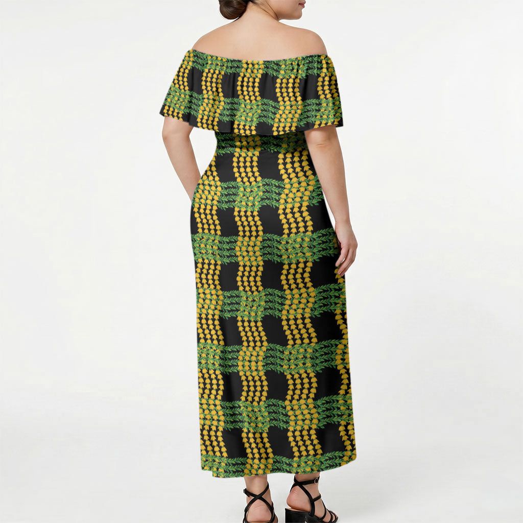 Aloha Hawaii Ilima Maile Lei Off Shoulder Maxi Dress Palaka Inspired Hawaiian-plaid Black LT14 - Polynesian Pride