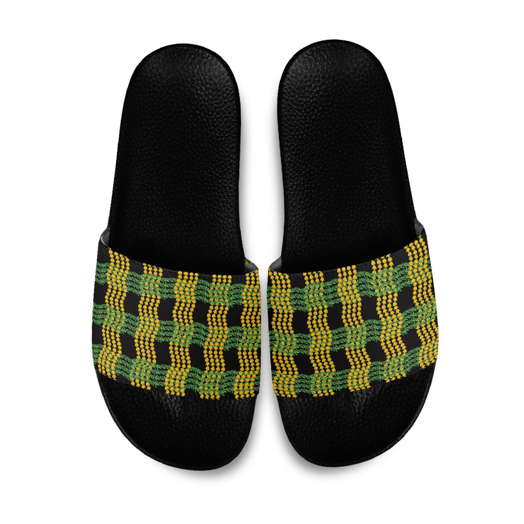 Aloha Hawaii Ilima Maile Lei Slide Sandals Palaka Inspired Hawaiian-plaid Black LT14 Black - Polynesian Pride