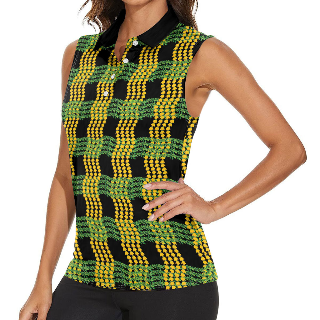 Aloha Hawaii Ilima Maile Lei Women Sleeveless Polo Shirt Palaka Inspired Hawaiian-plaid Black LT14 - Polynesian Pride