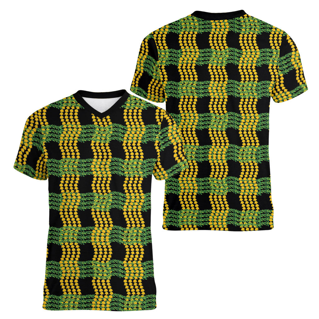 Aloha Hawaii Ilima Maile Lei Women V-Neck T-Shirt Palaka Inspired Hawaiian-plaid Black LT14 - Polynesian Pride