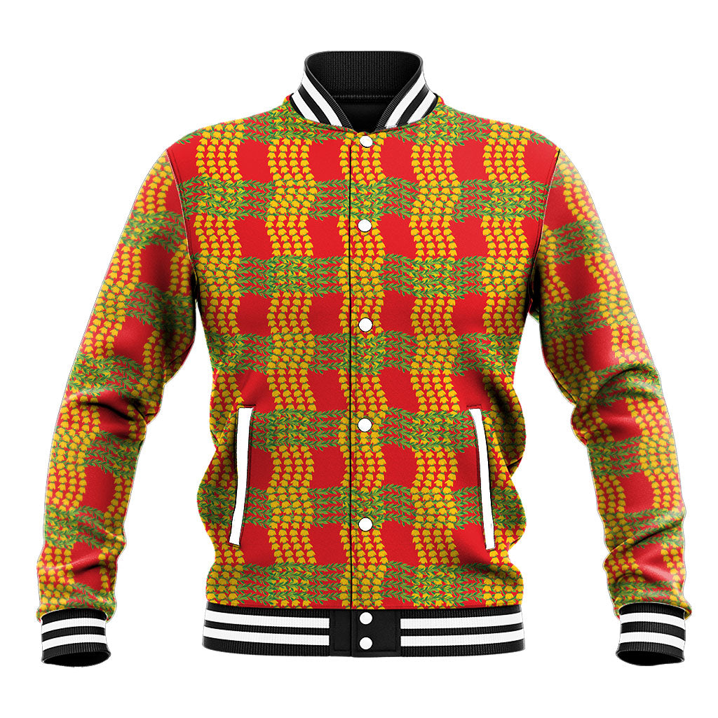 Aloha Hawaii Ilima Maile Lei Baseball Jacket Palaka Inspired Hawaiian-plaid Red LT14 Unisex Red - Polynesian Pride