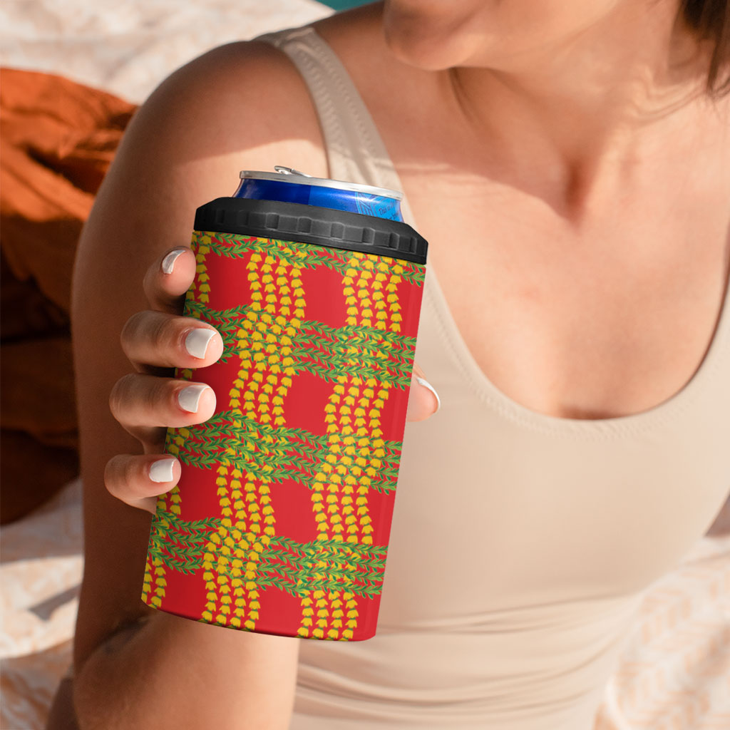 Aloha Hawaii Ilima Maile Lei 4 in 1 Can Cooler Tumbler Palaka Inspired Hawaiian-plaid Red LT14 - Polynesian Pride