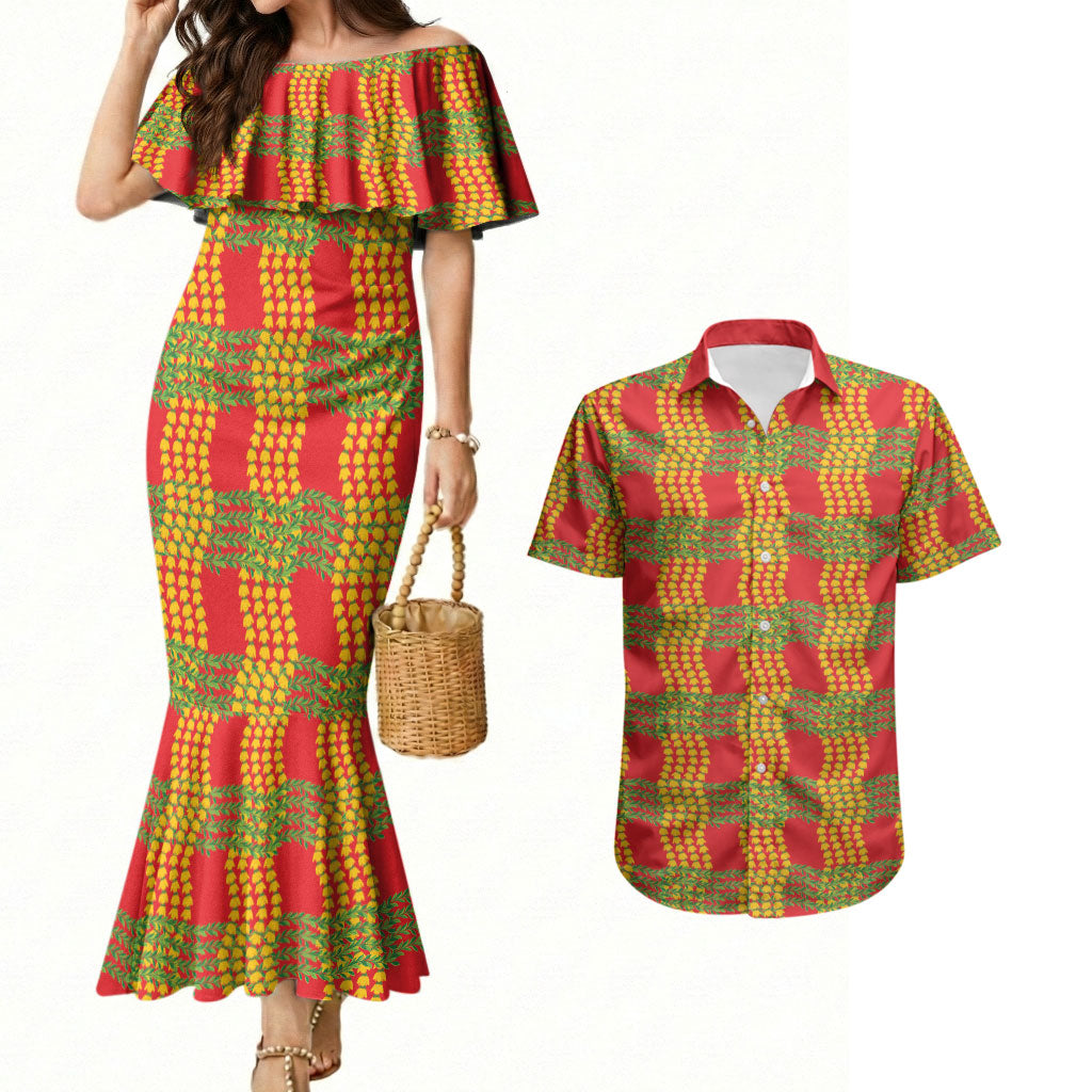 Aloha Hawaii Ilima Maile Lei Couples Matching Mermaid Dress and Hawaiian Shirt Palaka Inspired Hawaiian-plaid Red LT14 Red - Polynesian Pride