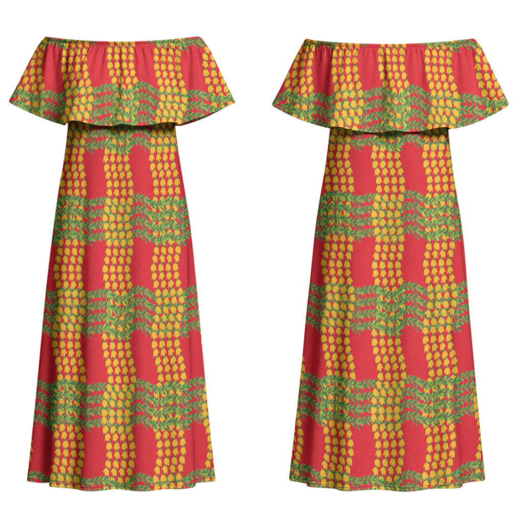 Aloha Hawaii Ilima Maile Lei Couples Matching Off Shoulder Maxi Dress and Hawaiian Shirt Palaka Inspired Hawaiian-plaid Red LT14 - Polynesian Pride