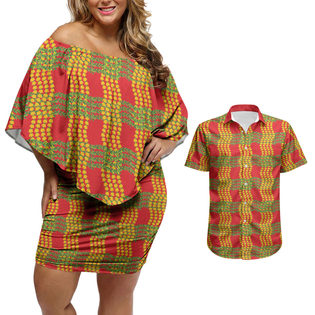 Aloha Hawaii Ilima Maile Lei Couples Matching Off Shoulder Short Dress and Hawaiian Shirt Palaka Inspired Hawaiian-plaid Red LT14 Red - Polynesian Pride
