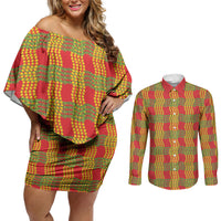 Aloha Hawaii Ilima Maile Lei Couples Matching Off Shoulder Short Dress and Long Sleeve Button Shirt Palaka Inspired Hawaiian-plaid Red LT14 Red - Polynesian Pride
