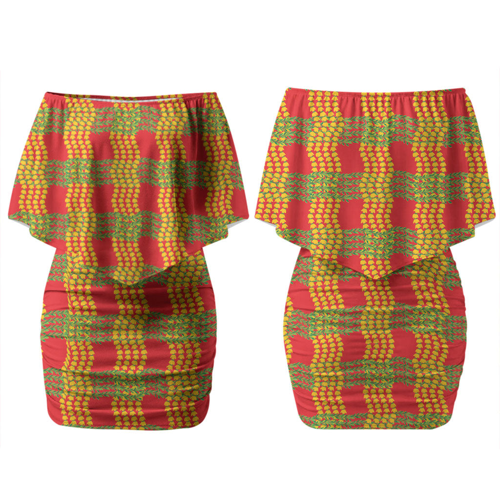 Aloha Hawaii Ilima Maile Lei Couples Matching Off Shoulder Short Dress and Long Sleeve Button Shirt Palaka Inspired Hawaiian-plaid Red LT14 - Polynesian Pride