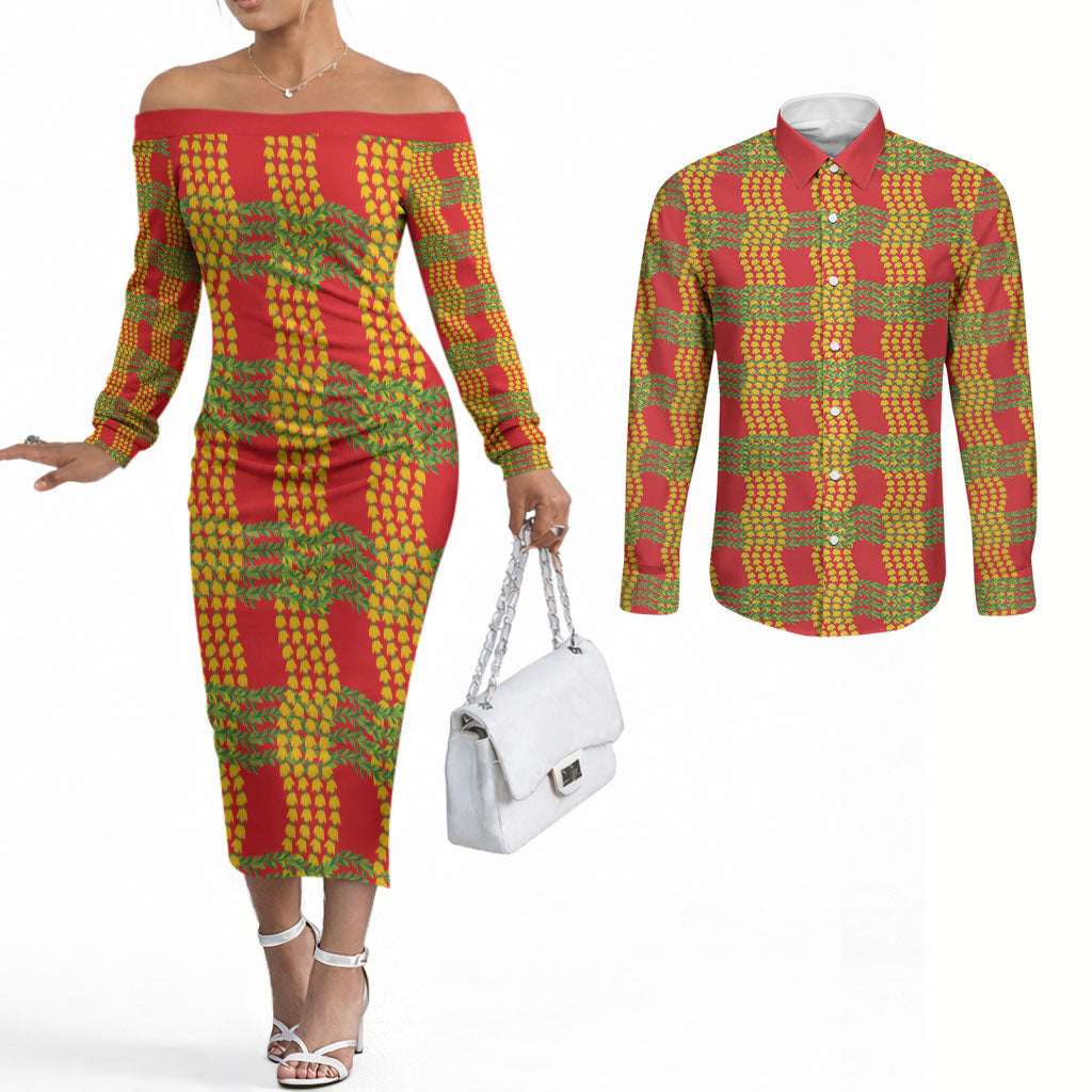 Aloha Hawaii Ilima Maile Lei Couples Matching Off The Shoulder Long Sleeve Dress and Long Sleeve Button Shirt Palaka Inspired Hawaiian-plaid Red LT14 Red - Polynesian Pride