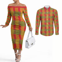 Aloha Hawaii Ilima Maile Lei Couples Matching Off The Shoulder Long Sleeve Dress and Long Sleeve Button Shirt Palaka Inspired Hawaiian-plaid Red LT14 Red - Polynesian Pride