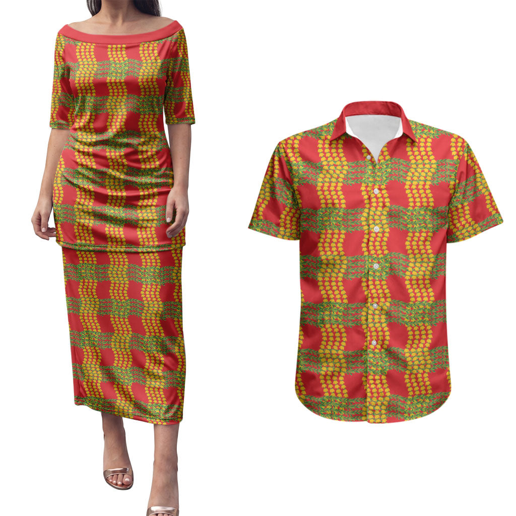 Aloha Hawaii Ilima Maile Lei Couples Matching Puletasi and Hawaiian Shirt Palaka Inspired Hawaiian-plaid Red LT14 Red - Polynesian Pride