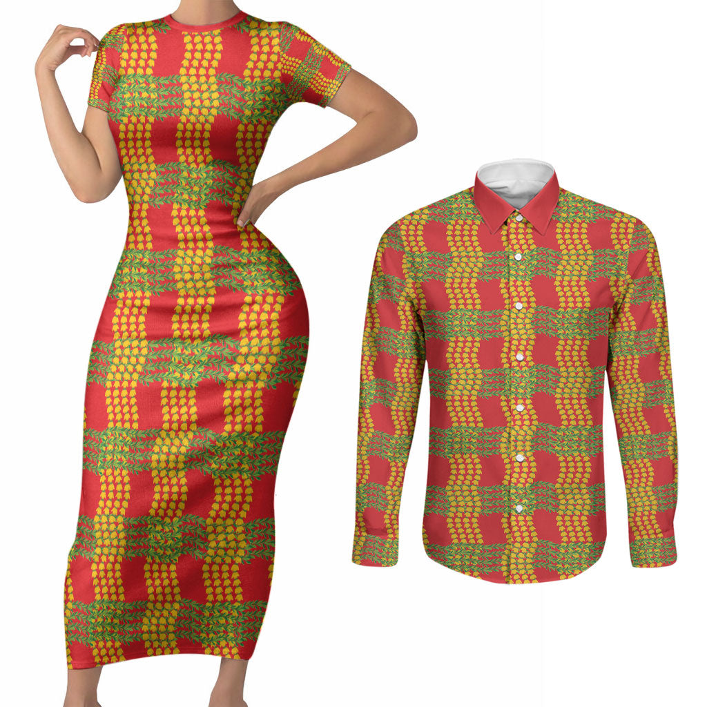 Aloha Hawaii Ilima Maile Lei Couples Matching Short Sleeve Bodycon Dress and Long Sleeve Button Shirt Palaka Inspired Hawaiian-plaid Red LT14 Red - Polynesian Pride