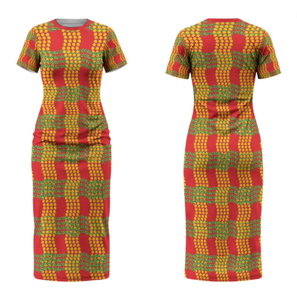 Aloha Hawaii Ilima Maile Lei Couples Matching Short Sleeve Bodycon Dress and Long Sleeve Button Shirt Palaka Inspired Hawaiian-plaid Red LT14 - Polynesian Pride