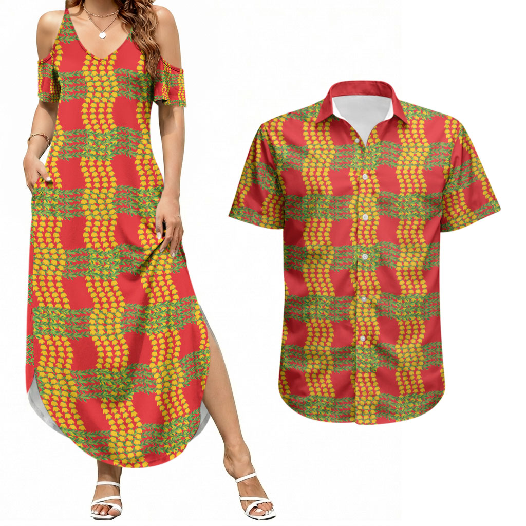 Aloha Hawaii Ilima Maile Lei Couples Matching Summer Maxi Dress and Hawaiian Shirt Palaka Inspired Hawaiian-plaid Red LT14 Red - Polynesian Pride
