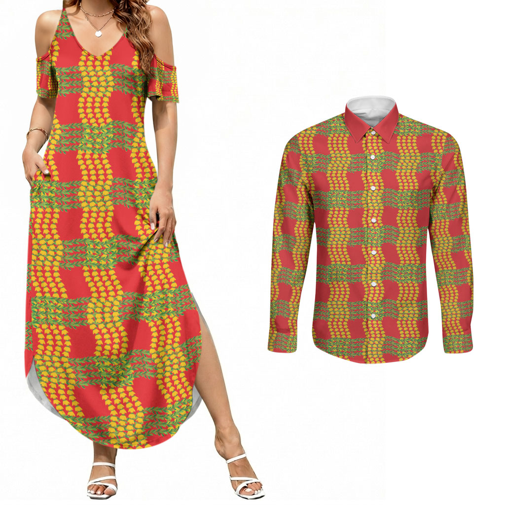 Aloha Hawaii Ilima Maile Lei Couples Matching Summer Maxi Dress and Long Sleeve Button Shirt Palaka Inspired Hawaiian-plaid Red LT14 Red - Polynesian Pride