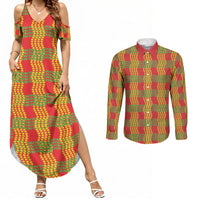 Aloha Hawaii Ilima Maile Lei Couples Matching Summer Maxi Dress and Long Sleeve Button Shirt Palaka Inspired Hawaiian-plaid Red LT14 Red - Polynesian Pride