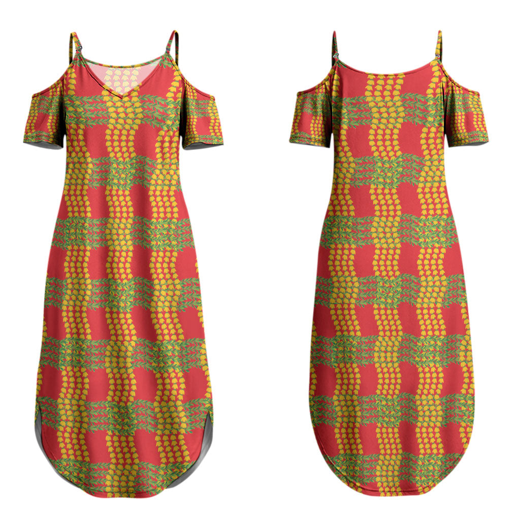 Aloha Hawaii Ilima Maile Lei Couples Matching Summer Maxi Dress and Long Sleeve Button Shirt Palaka Inspired Hawaiian-plaid Red LT14 - Polynesian Pride