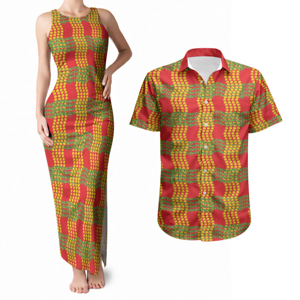Aloha Hawaii Ilima Maile Lei Couples Matching Tank Maxi Dress and Hawaiian Shirt Palaka Inspired Hawaiian-plaid Red LT14 Red - Polynesian Pride