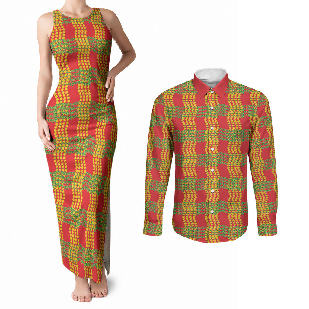 Aloha Hawaii Ilima Maile Lei Couples Matching Tank Maxi Dress and Long Sleeve Button Shirt Palaka Inspired Hawaiian-plaid Red LT14 Red - Polynesian Pride