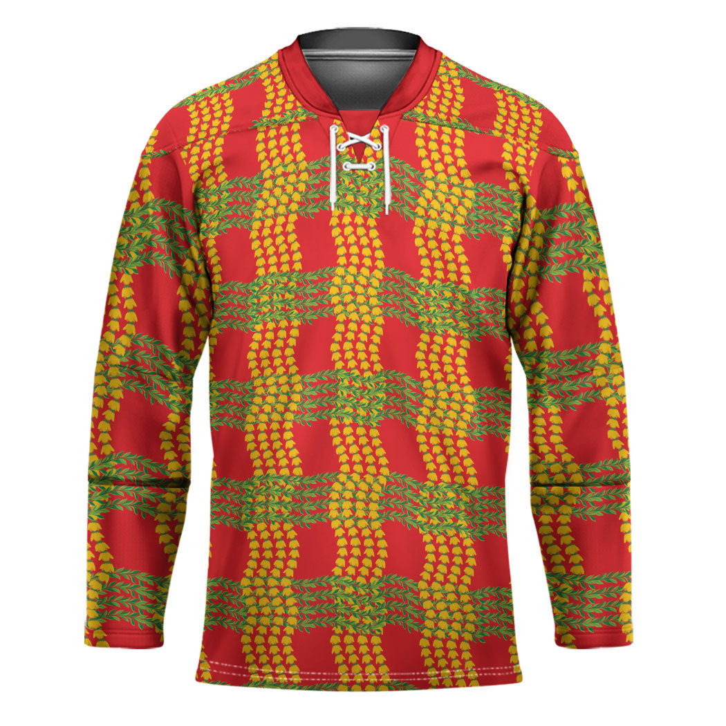 Aloha Hawaii Ilima Maile Lei Hockey Jersey Palaka Inspired Hawaiian-plaid Red LT14 Unisex Red - Polynesian Pride