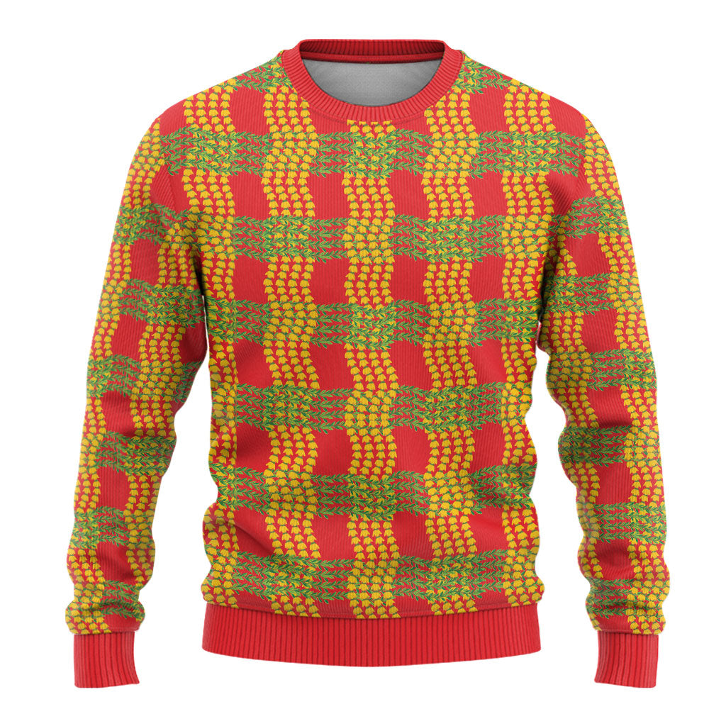 Aloha Hawaii Ilima Maile Lei Ugly Christmas Sweater Palaka Inspired Hawaiian-plaid Red LT14 - Polynesian Pride