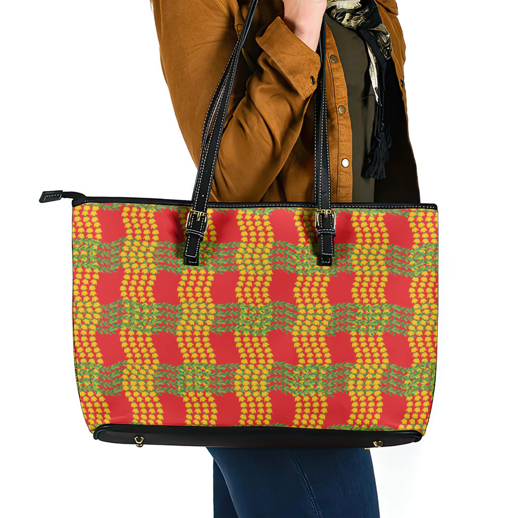 Aloha Hawaii Ilima Maile Lei Leather Tote Bag Palaka Inspired Hawaiian-plaid Red LT14 - Polynesian Pride