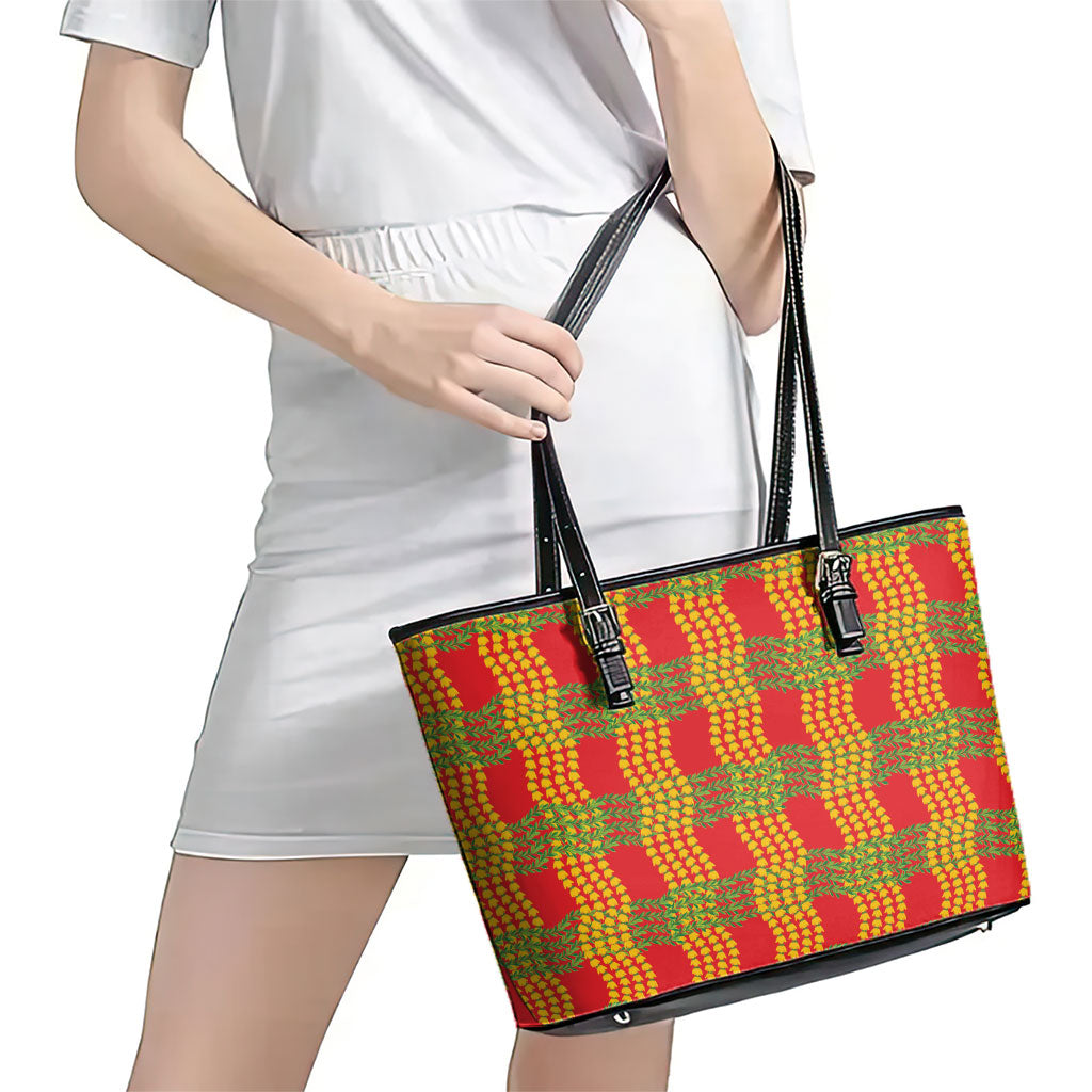 Aloha Hawaii Ilima Maile Lei Leather Tote Bag Palaka Inspired Hawaiian-plaid Red LT14 - Polynesian Pride