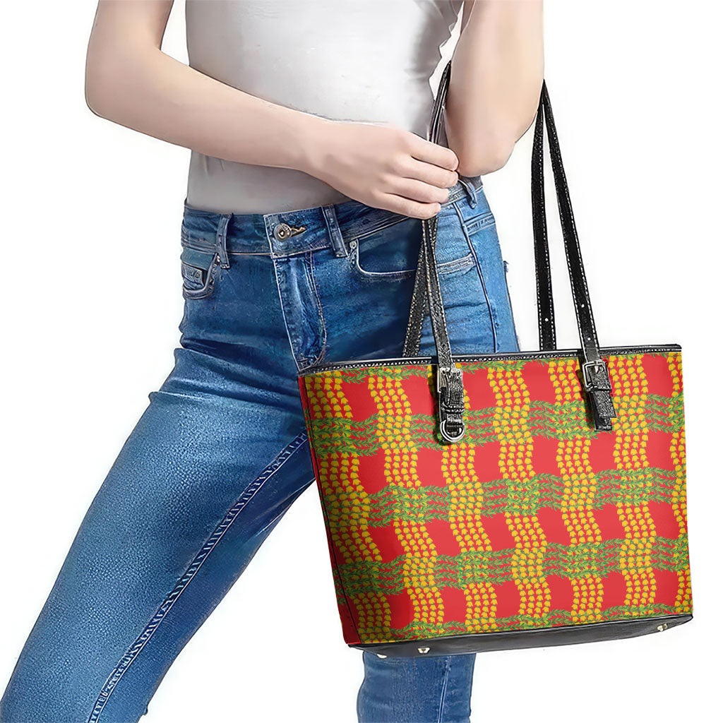 Aloha Hawaii Ilima Maile Lei Leather Tote Bag Palaka Inspired Hawaiian-plaid Red LT14 - Polynesian Pride
