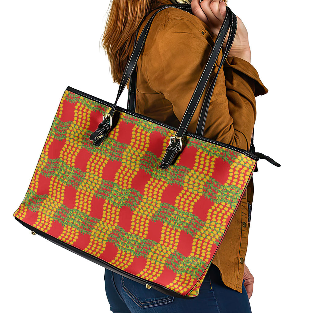 Aloha Hawaii Ilima Maile Lei Leather Tote Bag Palaka Inspired Hawaiian-plaid Red LT14 - Polynesian Pride