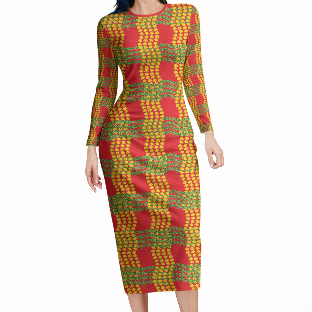 Aloha Hawaii Ilima Maile Lei Long Sleeve Bodycon Dress Palaka Inspired Hawaiian-plaid Red
