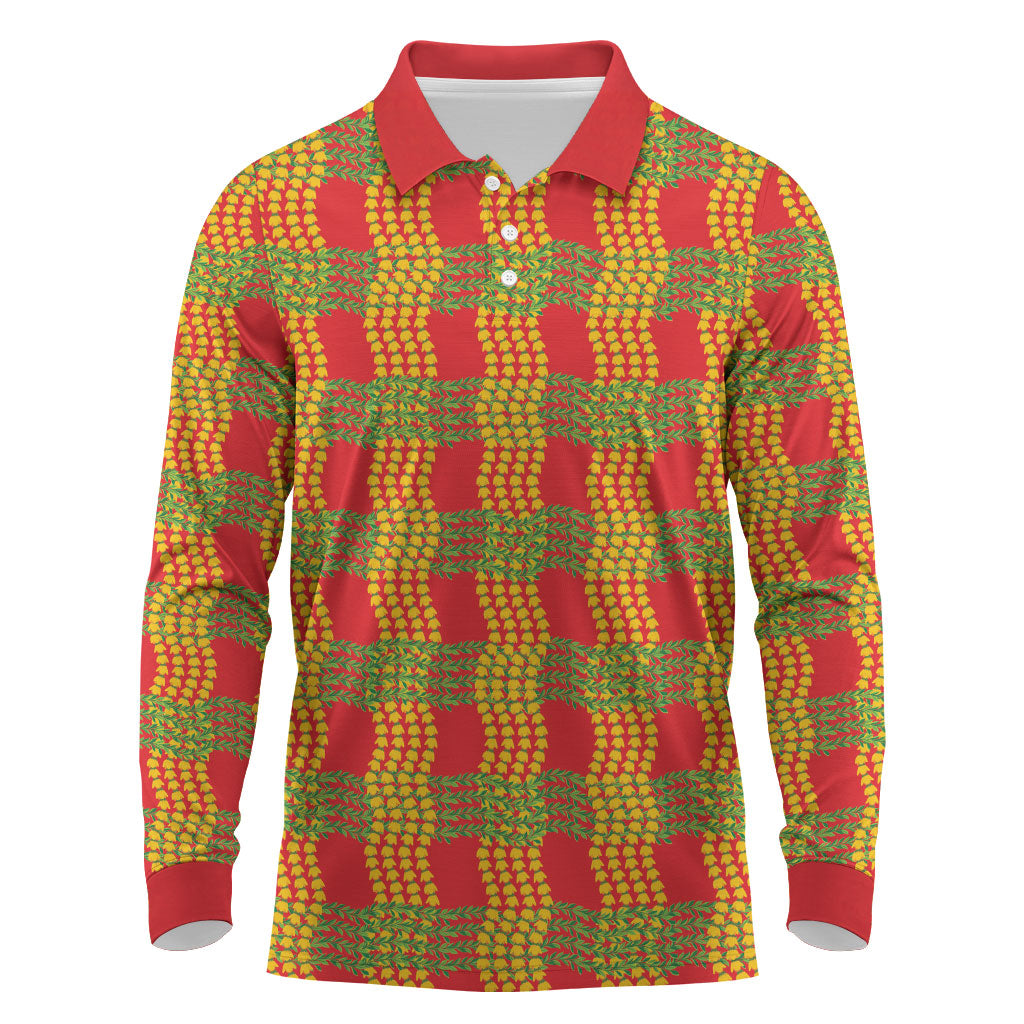 Aloha Hawaii Ilima Maile Lei Long Sleeve Polo Shirt Palaka Inspired Hawaiian-plaid Red LT14 Red - Polynesian Pride