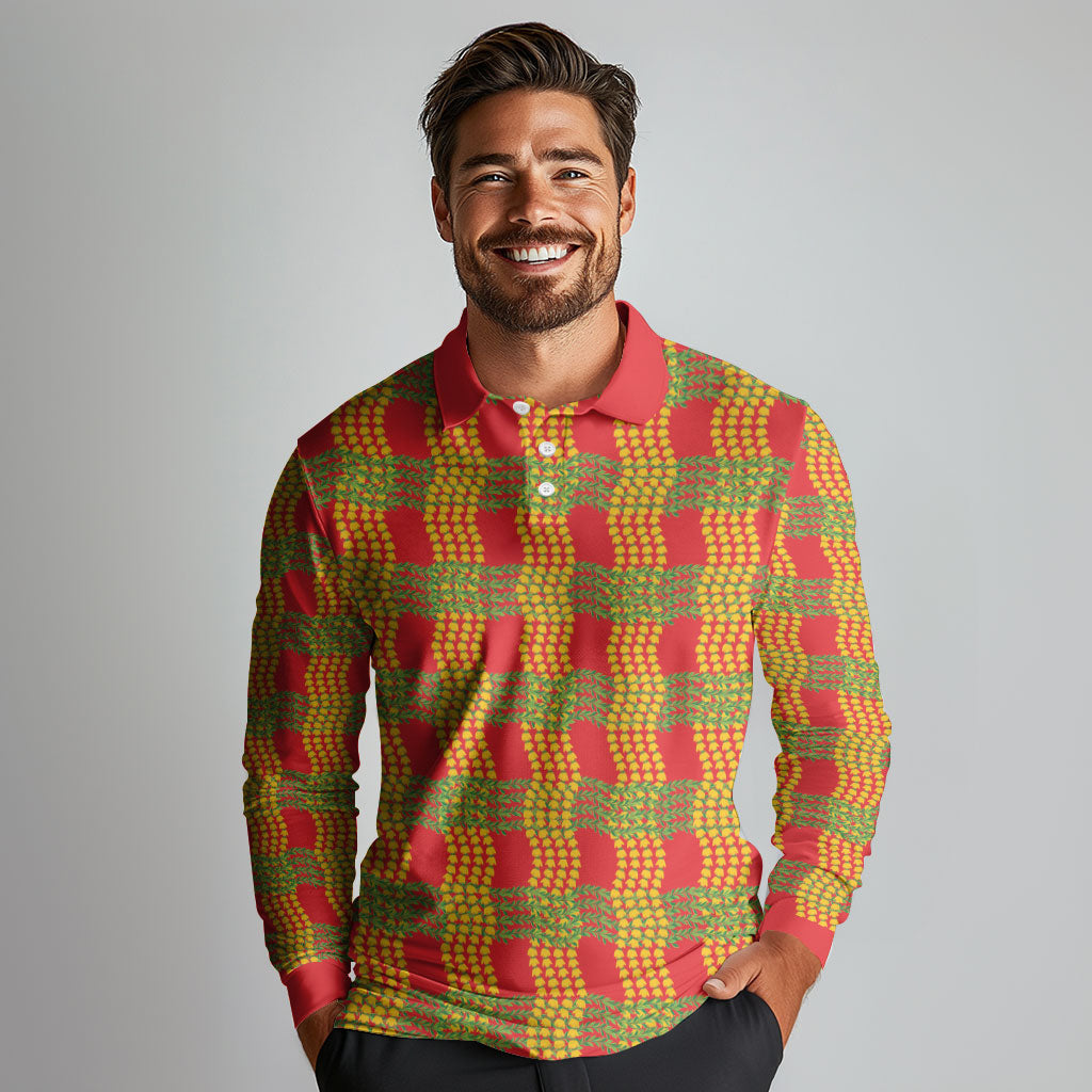 Aloha Hawaii Ilima Maile Lei Long Sleeve Polo Shirt Palaka Inspired Hawaiian-plaid Red LT14 - Polynesian Pride