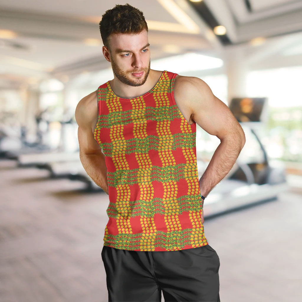 Aloha Hawaii Ilima Maile Lei Men Tank Top Palaka Inspired Hawaiian-plaid Red LT14 Red - Polynesian Pride
